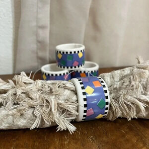 Ceramic Napkin Rings Geometric Polka Dots Orange Pink Blue Green Squares 70s 80s